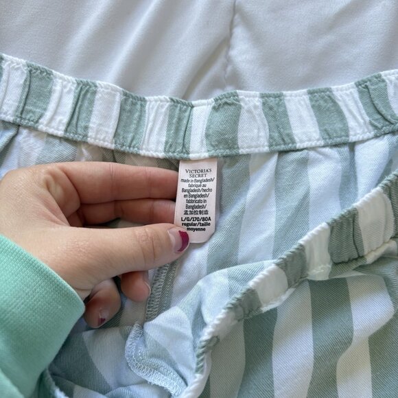 Victoria's Secret VS Long Sleeve Green Striped Button Up Top Bottoms Womens L - Picture 10 of 13